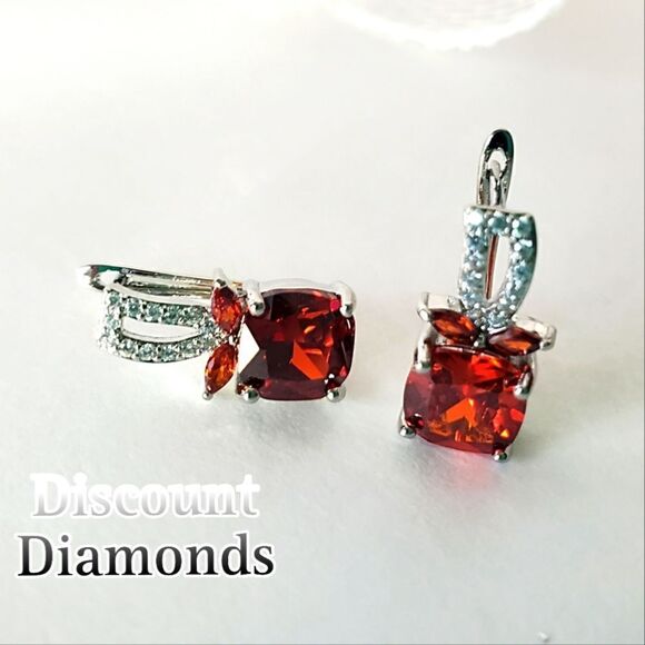 Natural Red Zircon 18K White Gold on 925 Silver Lever Earrings Women's - Picture 1 of 5